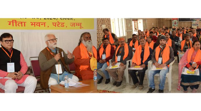 Parshotam Dadhichi, President , SDS J&K addressing during a conference in Jammu on Sunday.