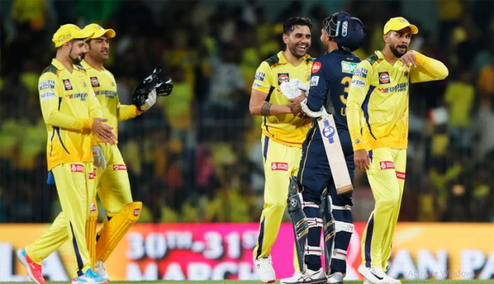 CSK players celebrating victory against Gujarat Titans.