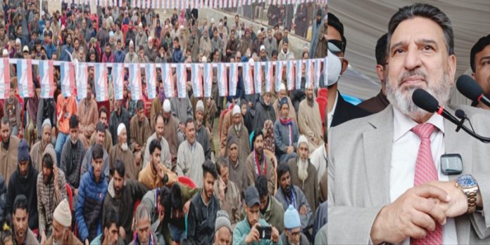 Apni Party president Altaf Bukhari addressing public rally at Tilgam Pattan in Baramulla.