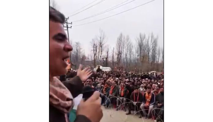 BJP President Ravinder Raina addressing a public rally at Noorabad, Kulgam on Sunday