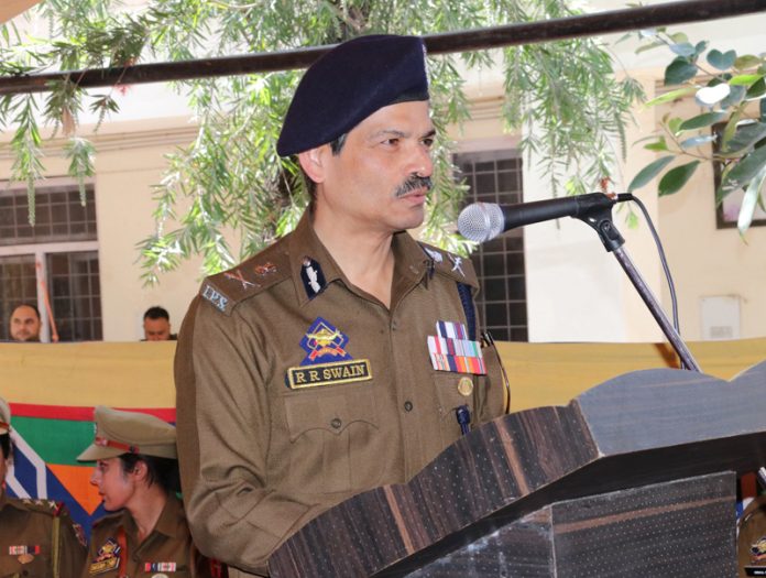 DGP RR Swain addressing a gathering of women police personnel at Gulshan Ground Jammu on Thursday. DGP RR Swain addressing a gathering of women police personnel at Gulshan Ground Jammu on Thursday.