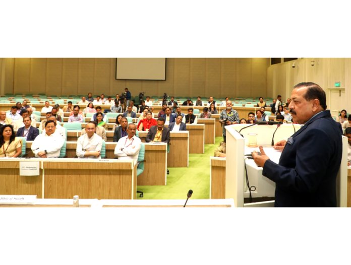 Union Minister Dr. Jitendra Singh speaking after releasing a report on 'A decade of Science & Technology Panorama for 'Atma Nirbhar Bharat', at Vigyan Bhawan, New Delhi on Thursday. Union Minister Dr. Jitendra Singh speaking after releasing a report on 'A decade of Science & Technology Panorama for 'Atma Nirbhar Bharat', at Vigyan Bhawan, New Delhi on Thursday.