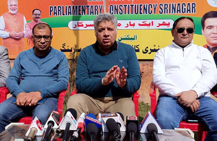 BJP Chief spokesperson Sunil Sethi during a press conference in Srinagar on Monday. -Excelsior/Shakeel