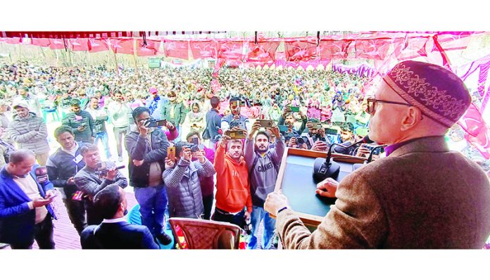 NC vice president Omar Abdullah addressing a public rally at Damhal Hanjipora in Kulgam. —Excelsior/Sajad Dar