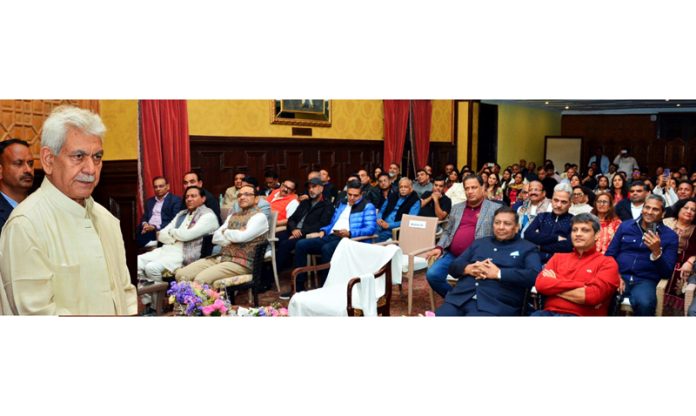 LG Manoj Sinha addressing a function in Srinagar on Friday. LG Manoj Sinha addressing a function in Srinagar on Friday.