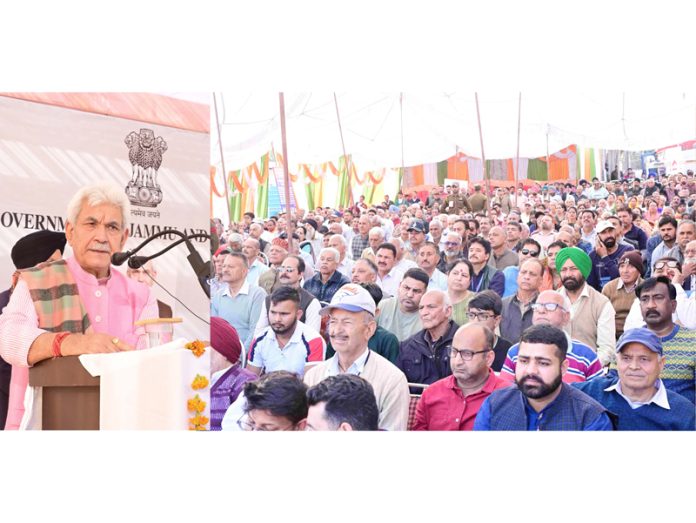 LG Manoj Sinha addressing displaced persons at Suketar, Jammu on Tuesday. LG Manoj Sinha addressing displaced persons at Suketar, Jammu on Tuesday.
