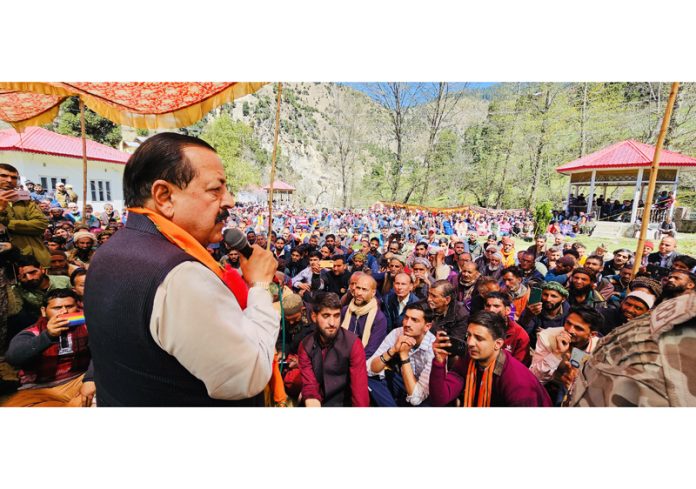 Union Minister Dr Jitendra Singh addressing massive public rally in remote hilly Mughal Maidan area of district Kishtwar. -Excelsior/Tilak Raj Union Minister Dr Jitendra Singh addressing massive public rally in remote hilly Mughal Maidan area of district Kishtwar. -Excelsior/Tilak Raj