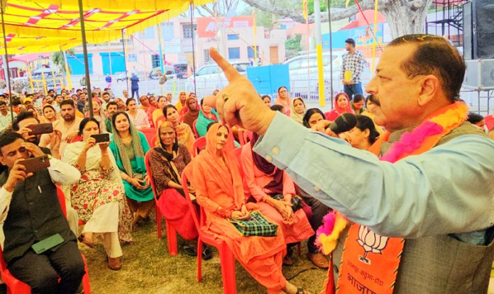 Union Minister Dr Jitendra Singh addressing a massive public meeting at Basohli on Friday.