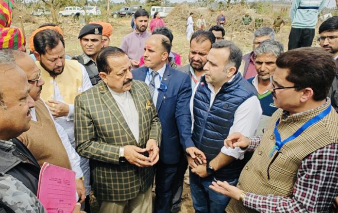 Union Minister Dr Jitendra Singh accompanied by senior officials during a visit to the site of upcoming Homeopathic Medical College at Jasrota in Kathua on Sunday. Union Minister Dr Jitendra Singh accompanied by senior officials during a visit to the site of upcoming Homeopathic Medical College at Jasrota in Kathua on Sunday.
