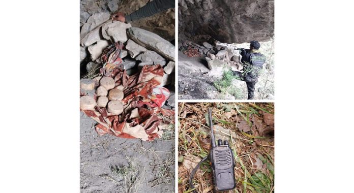 Recoveries made from a terror hideout in Surankote on Sunday. —Excelsior/Wasim Recoveries made from a terror hideout in Surankote on Sunday. —Excelsior/Wasim