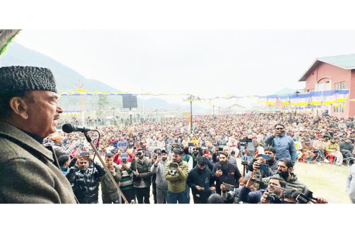 DPAP chief Ghulam Nabi Azad addressing a large public meeting at Kokernag on Sunday. DPAP chief Ghulam Nabi Azad addressing a large public meeting at Kokernag on Sunday.