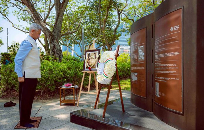 External Affairs Minister S Jaishankar paying homage to Netaji Subash Chander Bose and the brave Indian National Army soldiers in Singapore on Saturday. (UNI)