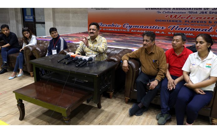 Kiran Wattal, vice president Gymnastics Association of India addressing a press conference at Jammu.  —Excelsior/Rakesh
