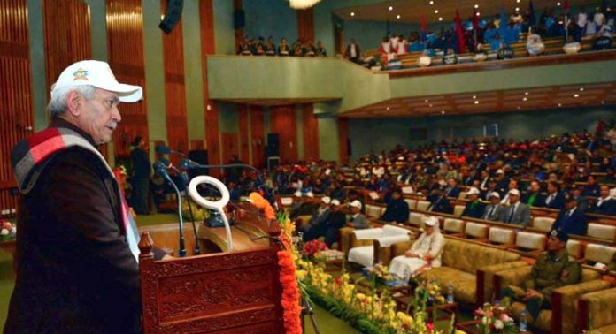 LG Manoj Sinha addressing a gathering of sportspersons and sports enthusiasts at Srinagar on Sunday.