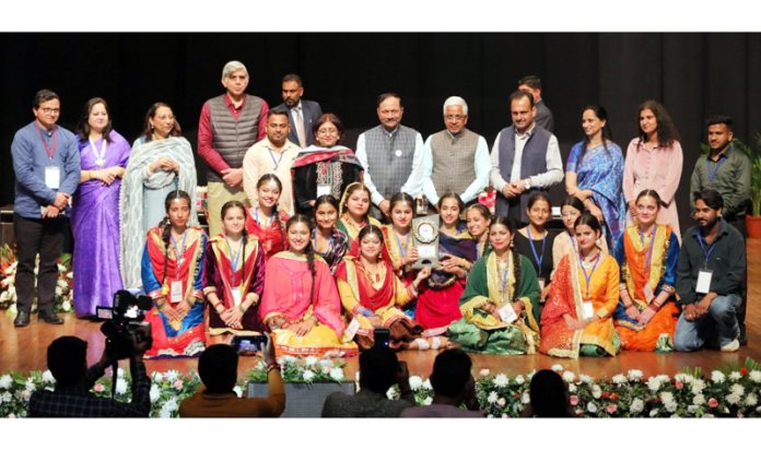 Rajeev Rai Bhatnagar, Advisor to Lieutenant Governor others posing with winning team during an event at Jammu University on Wednesday.