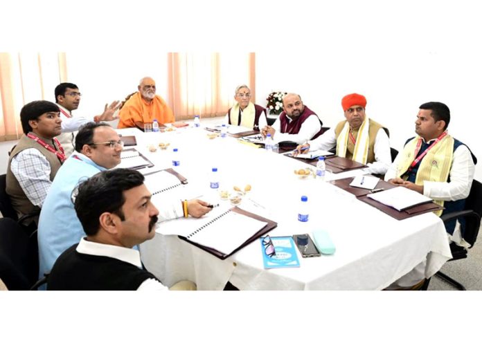 Chairman Governing Council SMVD Gurukul Mahamandleshwar Shri Swami Vishveshvaranand Giriji Maharaj reviewing 32nd Governing Council Meeting on Friday.
