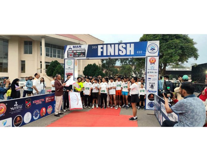 Runners getting ready for ‘Man Industries Herath Half Marathon’ at Gulshan Ground Jammu on Sunday. Runners getting ready for ‘Man Industries Herath Half Marathon’ at Gulshan Ground Jammu on Sunday.