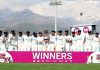 Indian Cricket Team posing with trophy after defeating England by 4-1 in Test Series at Dharamsala on Saturday.