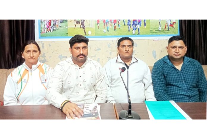All J&K Rehbar-e-Khel Teachers Forum representatives addressing a press conference at Jammu on Friday. All J&K Rehbar-e-Khel Teachers Forum representatives addressing a press conference at Jammu on Friday.