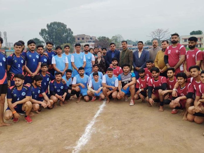 Players posing during Inter-Collegiate Kabaddi tourney at Jammu on Wednesday. 