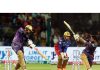 Sunil Narine (left) and Venkatesh Iyer (right) of KKR in action during a match against RCB on Friday.