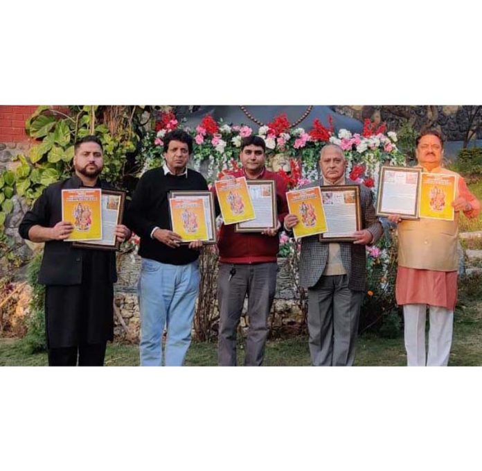 Kiran Wattal, Convenor, VKS, releasing Shiv Bhajans and Swachand Bhairav document in Jammu on Thursday.