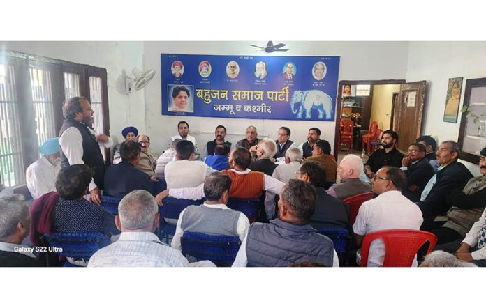 The leaders of BSP addressing a press conference in Jammu on Monday.