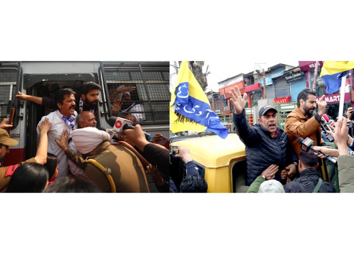 Aam Aadmi Party workers during a protest against the arrest of Delhi CM Arvind Kejriwal in Jammu and Srinagar on Friday. -Excelsior pics by Rakesh/Shakeel . Aam Aadmi Party workers during a protest against the arrest of Delhi CM Arvind Kejriwal in Jammu and Srinagar on Friday. -Excelsior pics by Rakesh/Shakeel .