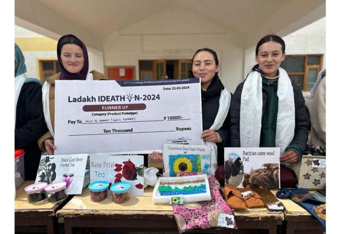 Students posing after winning 1st edition of Ladakh Ideathon-2024 organised by University of Ladakh on Thursday.