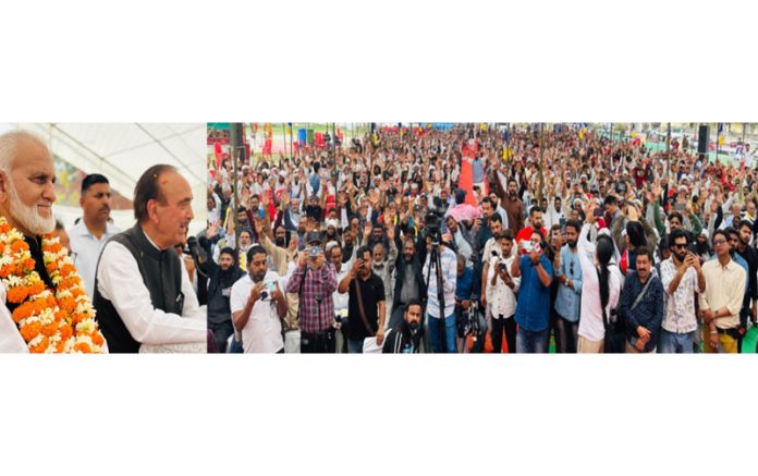 DPAP chairman, Ghulam Nabi Azad addressing party meeting at Kathua on Tuesday.-Excelsior/Pardip