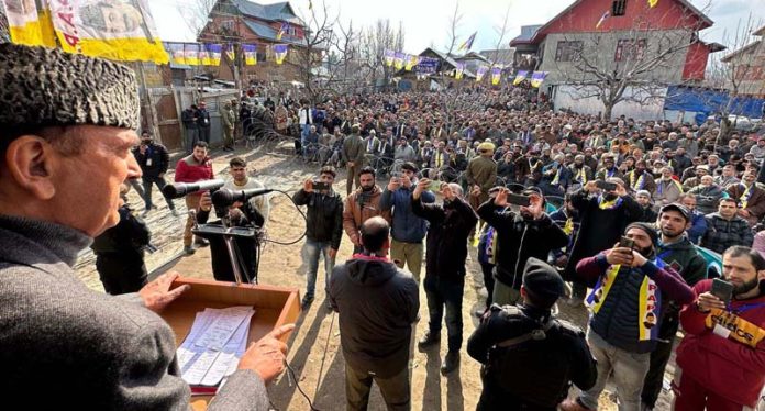 DPAP Chairman Ghulam Nabi Azad addressing public meeting in Rajpora area of Pulwama on Friday. DPAP Chairman Ghulam Nabi Azad addressing public meeting in Rajpora area of Pulwama on Friday.