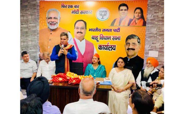 BJP MP Jugal Kishore Sharma speaking in a meeting of the party in presence of J&K party president Ravinder Raina at Jammu. BJP MP Jugal Kishore Sharma speaking in a meeting of the party in presence of J&K party president Ravinder Raina at Jammu.