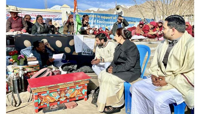 Tarun Uppal and other leaders interacting with Sonam Wangchuk in Leh on Sunday.