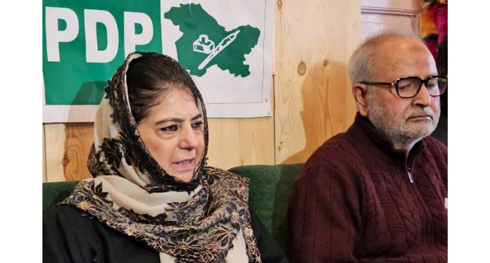 PDP President Mehbooba Mufti addressing a press conference in Srinagar on Wednesday. -Excelsior/Shakeel