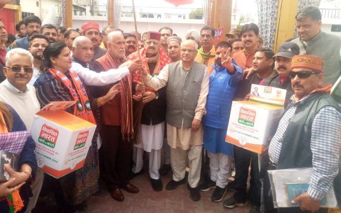 BJP leaders during Shakti Kendra and Booth Sammelans meeting at Jammu on Sunday.