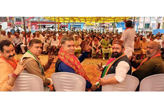 BJP president J&K, Ravinder Raina at a public rally at Basohli on Wednesday.
