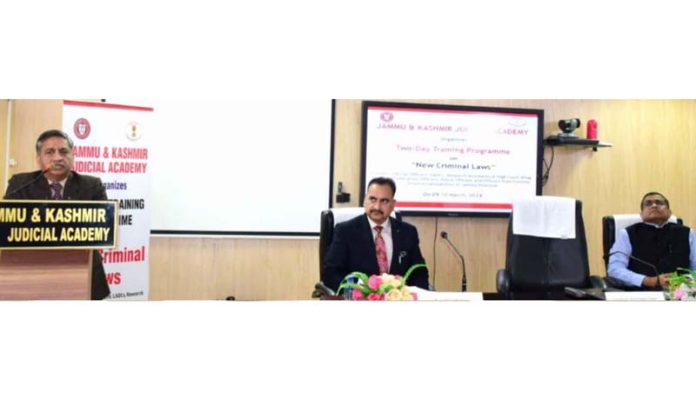 A speaker at judicial Academy during training on “New Criminal Laws” in Jammu.
