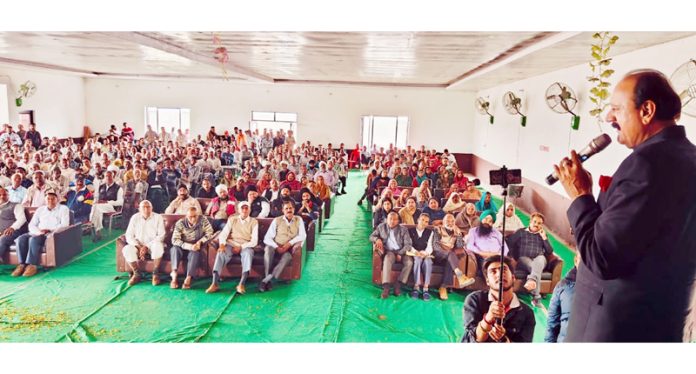 BJP vice president and former Minister, Surjeet Singh Slathia addressing a party meeting at village Hariyapur in district Kathua on Sunday.