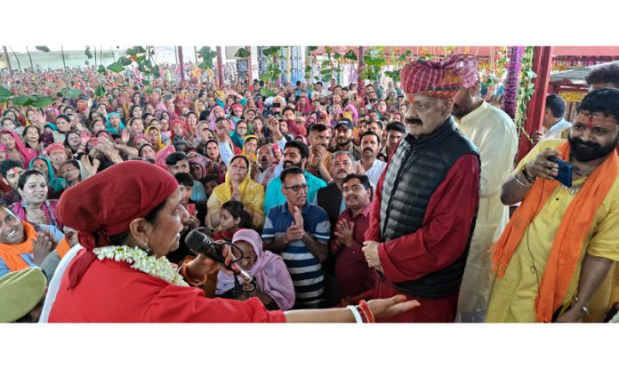 Sr BJP leader Devender Singh Rana during a function at Garh Mata in Jammu on Sunday.