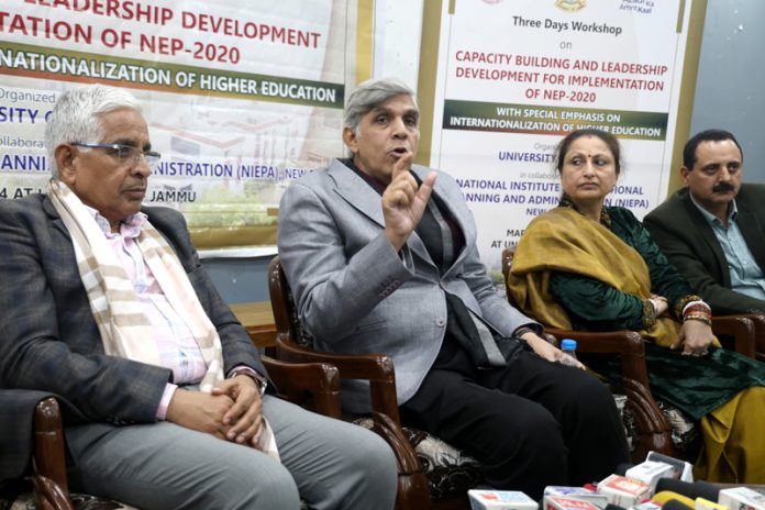 JU Vice-Chancellor and others addressing press conference on Monday. - Excelsior/Rakesh