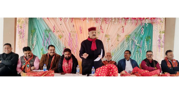 Senior BJP leader Devender Singh Rana addressing Karykartas on Tuesday.