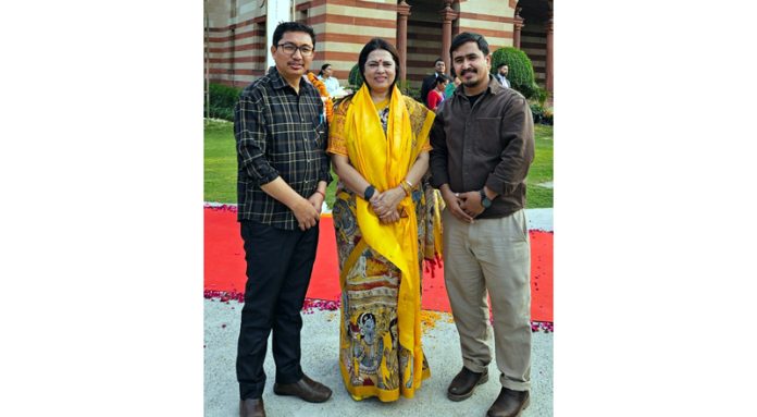 MP Ladakh JTN and BJP district president Kargil, M A Chandan posing with Union Minister of State for External Affairs and Culture, Meenakshi Lekhi after their meeting with latter at New Delhi on Friday. MP Ladakh JTN and BJP district president Kargil, M A Chandan posing with Union Minister of State for External Affairs and Culture, Meenakshi Lekhi after their meeting with latter at New Delhi on Friday.