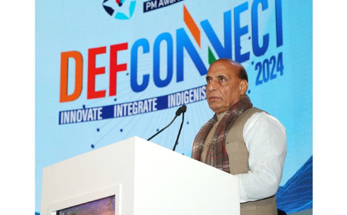 Union Minister for Defence, Rajnath Singh addressing at the DefConnect 2024, in New Delhi on Monday. Union Minister for Defence, Rajnath Singh addressing at the DefConnect 2024, in New Delhi on Monday.