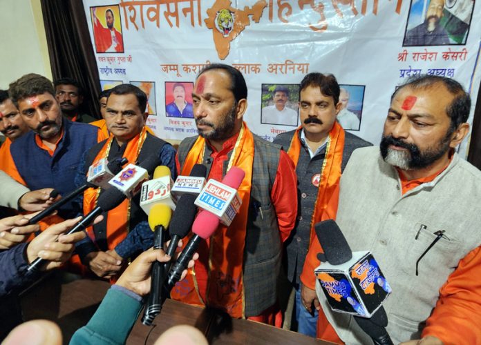 Shiv Sena Hindustan leaders addressing a press conference at Jammu on Thursday. -Excelsior/Rakesh