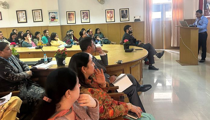 Recourse person interacting with Faculty members of Dogra Degree College of Education and Law during a programme on Monday.