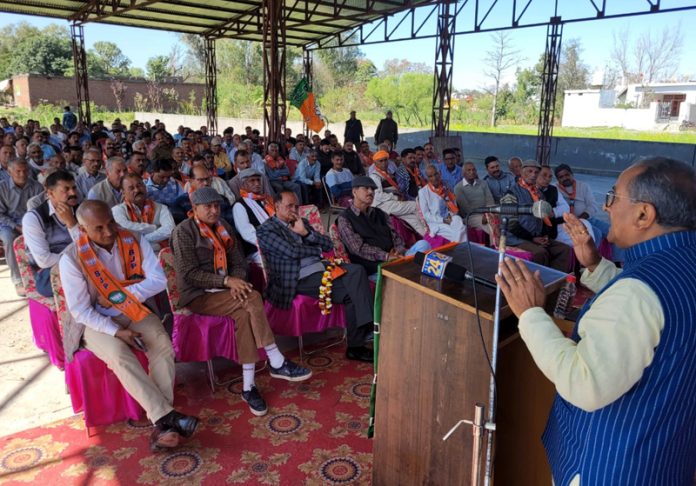 Former Deputy Cm & Senior BJP leader Dr Nirmal Singh addressing a party meeting at Pargwal on Thursday. Former Deputy Cm & Senior BJP leader Dr Nirmal Singh addressing a party meeting at Pargwal on Thursday.