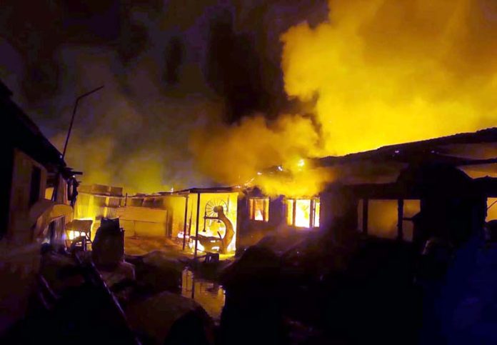 Massive fire broke out at a furniture factory in the HMT area the outskirts of Srinagar. -Excelsior/Shakeel Massive fire broke out at a furniture factory in the HMT area the outskirts of Srinagar. -Excelsior/Shakeel