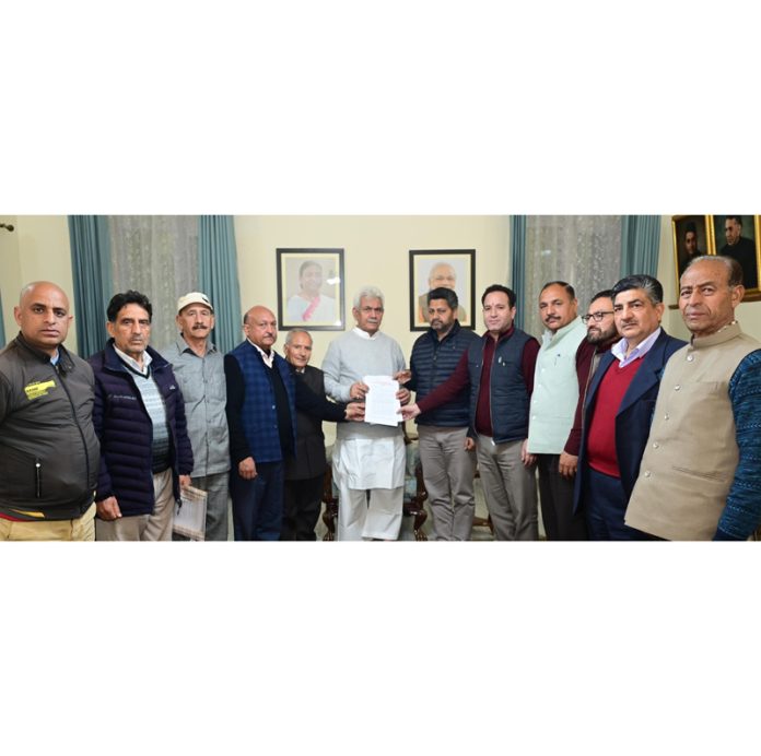 A delegation led by former Minister Sunil Sharma presenting a memorandum of demands to LG Manoj Sinha in Jammu on Thursday.
