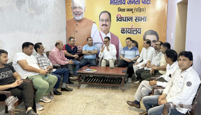 BJP leader Sanjay Kumar Baru during a party meeting in Ward 41 on Friday.