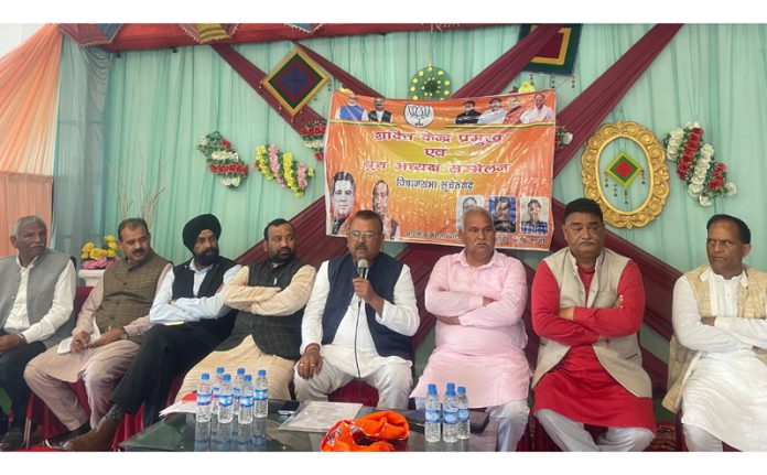 BJP leaders during a booth Sammelan at Suchetgarh on Tuesday. BJP leaders during a booth Sammelan at Suchetgarh on Tuesday.